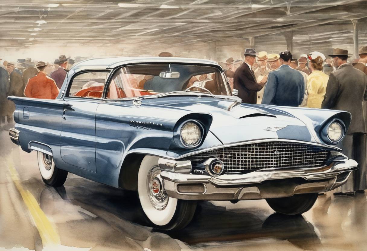 Watercolor painting based depiction of The Ford Motor Company produced its 50 millionth car, a Thunderbird, at the Dearborn, Michigan plant. (1958)