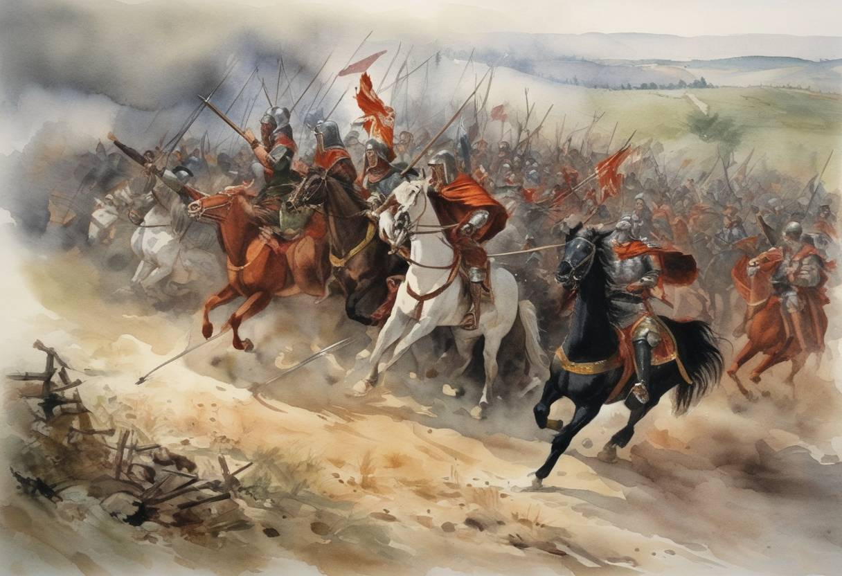 Watercolor painting based depiction of The Battle of Posada took place where the Wallachian Voivode Basarab I defeated the Hungarian King Charles I Robert. (1330)