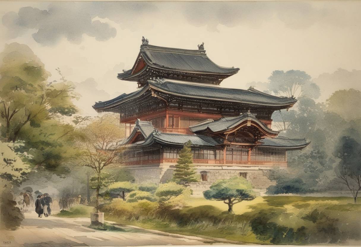 Watercolor painting based depiction of The European college of the University of Tokyo was reorganized into the Tokyo Imperial University, marking a significant development in Japan's higher education system. (1887)