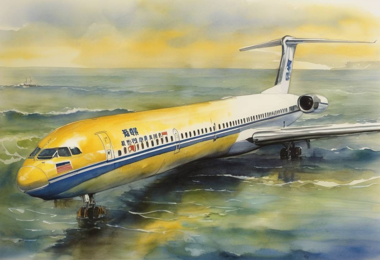 Watercolor painting based depiction of A China Northern Airlines MD-82 crashed into the Yellow Sea near Dalian, China, resulting in the deaths of all 112 people on board. (2002)