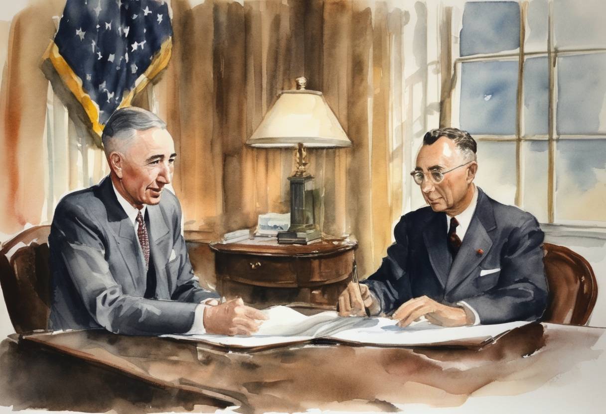 Watercolor painting based depiction of J. Robert Oppenheimer meets with US President Harry Truman to brief him on the atomic bomb project. (1945)