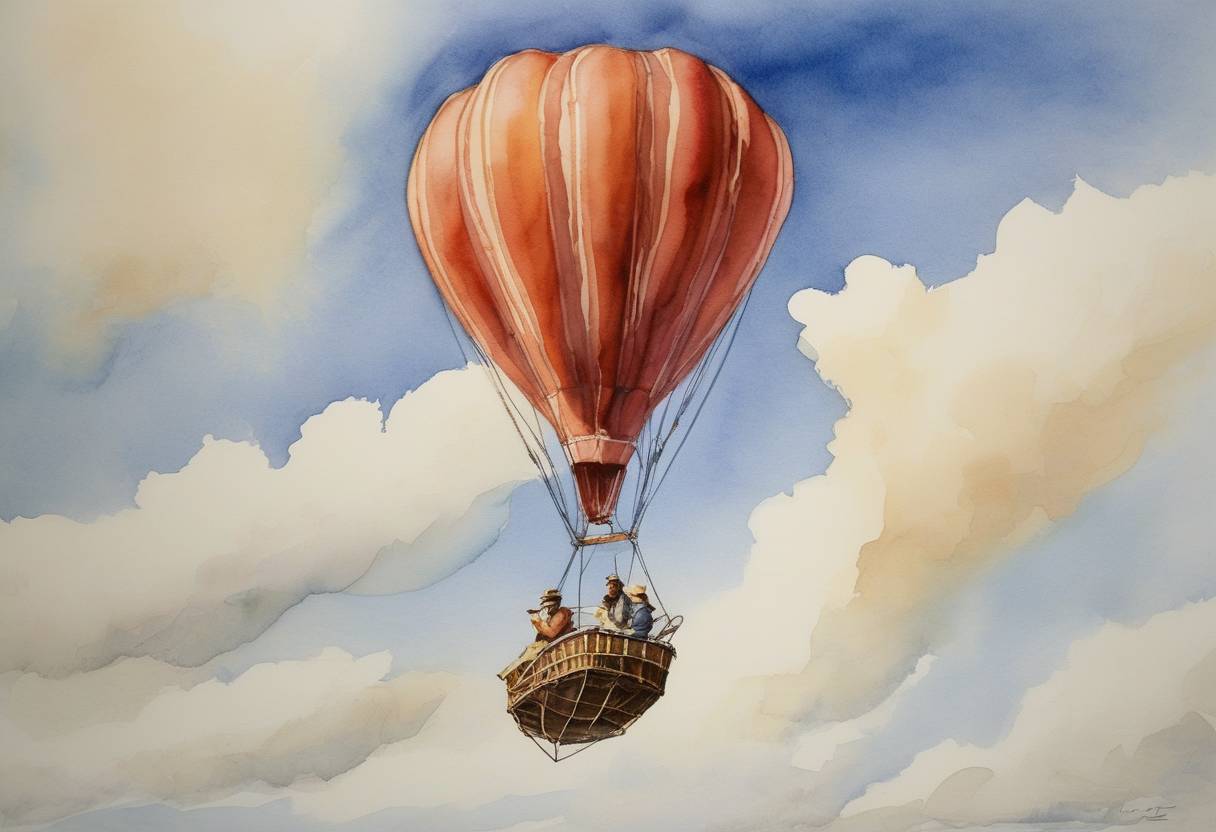 Watercolor painting based depiction of Larry Walters, known as 'Lawnchair Larry,' took flight in a homemade airship made of an ordinary lawn chair and 45 helium-filled weather balloons, ascending to an altitude of approximately 15,000 feet over Long Beach, California. (1982)