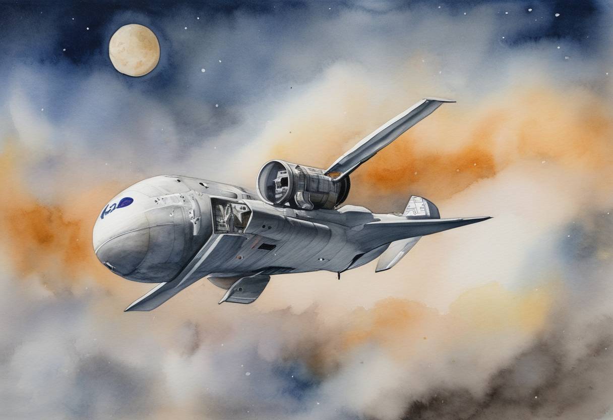 Watercolor painting based depiction of NASA's Artemis I mission successfully performed a critical flyby maneuver around the Moon. This unmanned test flight was part of NASA's mission to return humans to the lunar surface. (2022)