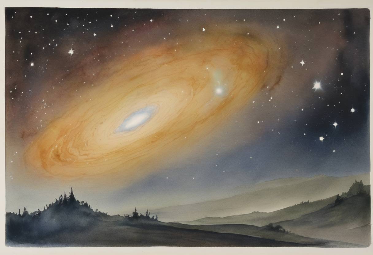 Watercolor painting based depiction of Edwin Hubble published evidence that the Andromeda Nebula is a separate galaxy beyond the Milky Way, at a meeting of the American Astronomical Society. (1924)