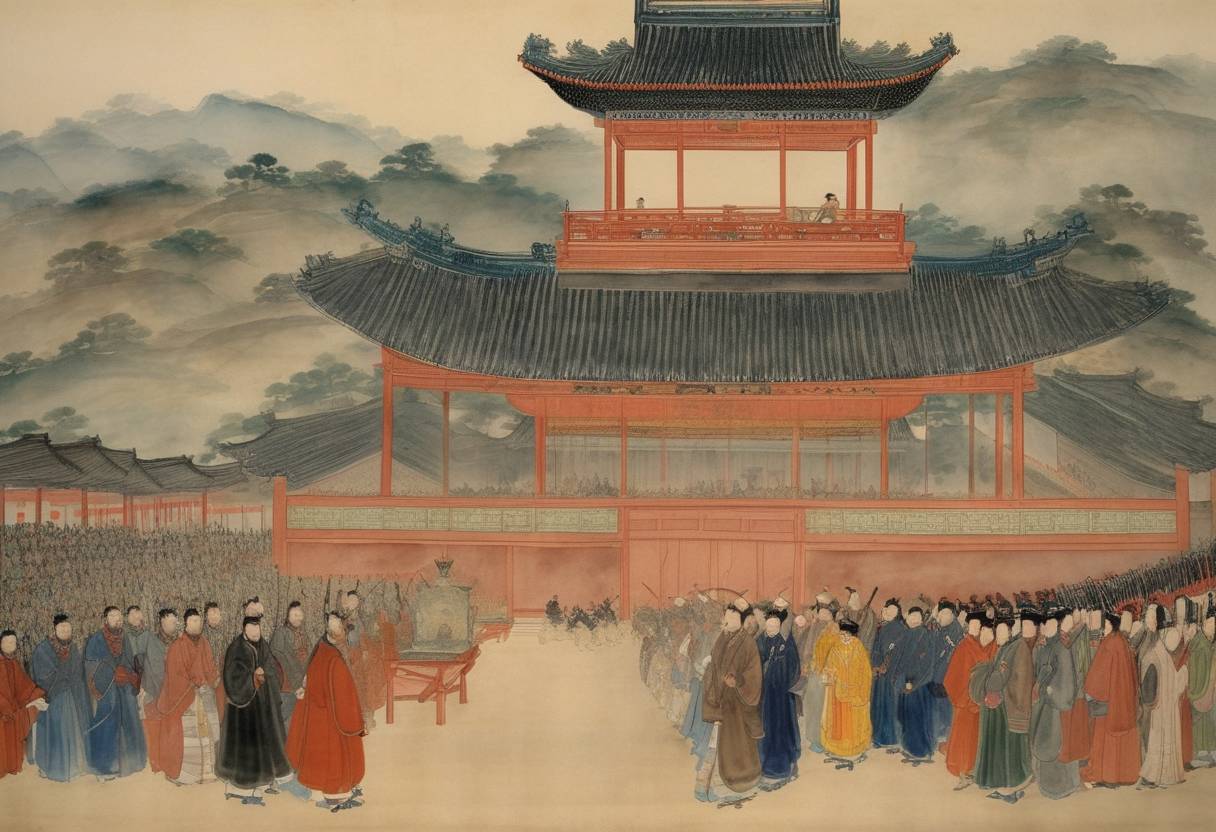 Watercolor painting based depiction of Emperor Jiajing ascends to the throne as the 11th emperor of the Ming dynasty, following the death of his cousin, the Zhengde Emperor. (1523)