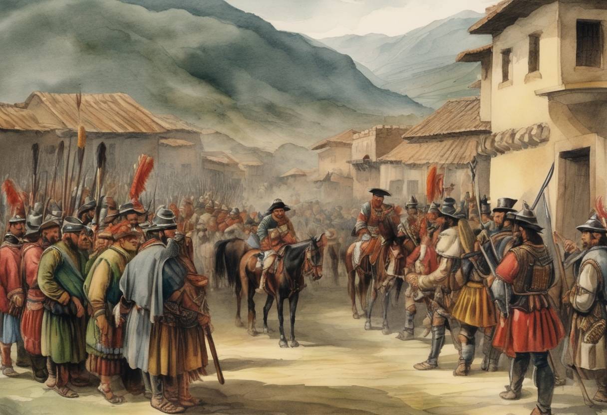 Watercolor painting based depiction of Francisco Pizarro and his men arrived in the town of Cajamarca in the Inca Empire and prepared for their meeting with the Inca Emperor Atahualpa. (1532)