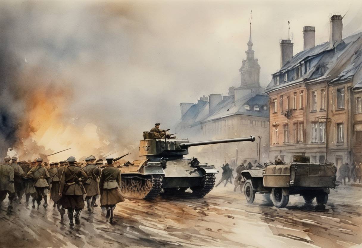 Watercolor painting based depiction of Polish forces under Józef Piłsudski launched a counter-offensive during the Battle of Warsaw amidst the Polish-Soviet War. (1920)