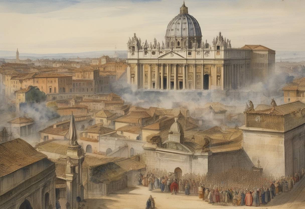 Watercolor painting based depiction of The Catholic Church declared Henry IV of France legitimate ruler despite his Protestant past, marking a shift in the French Wars of Religion. (1593)