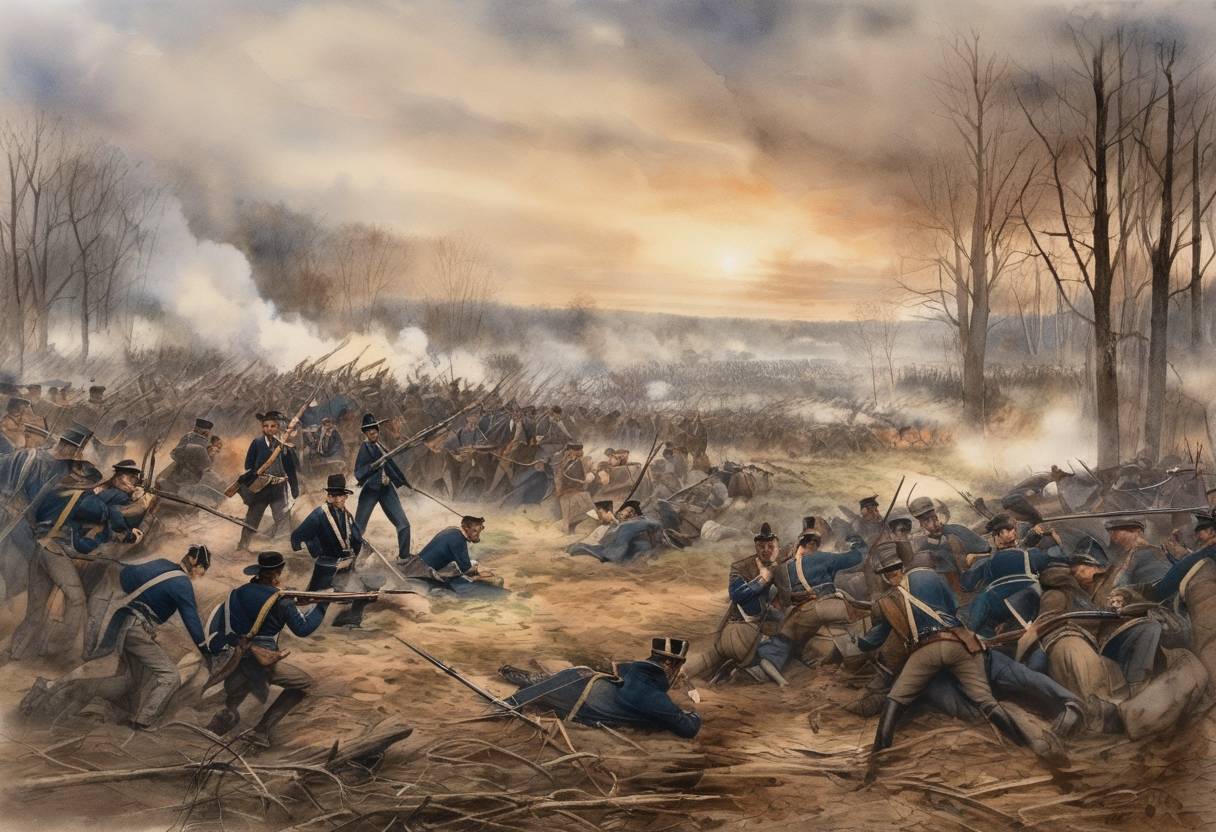 Watercolor painting based depiction of The Battle of Shiloh, a major battle in the American Civil War, concludes on this day. The Union Army, under General Ulysses S. Grant, manages to secure a victory against the Confederate forces led by General Albert Sidney Johnston, who was killed during the battle, and General P.G.T. Beauregard. (1862)
