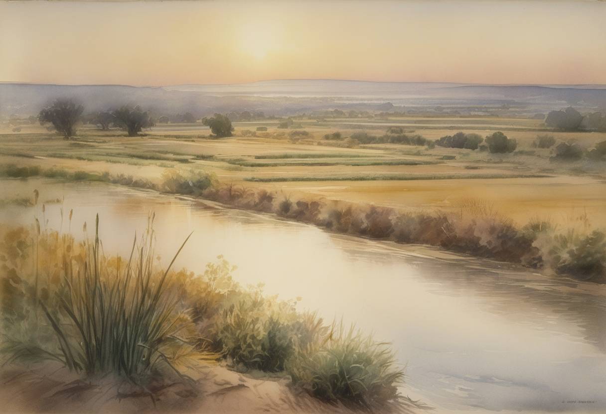 Watercolor painting based depiction of The United States government, recognizing the urgency of addressing multiple concerns over irrigating arid lands, distributing water rights, and supporting growing agricultural demands, established the U.S. Bureau of Reclamation. (1912)