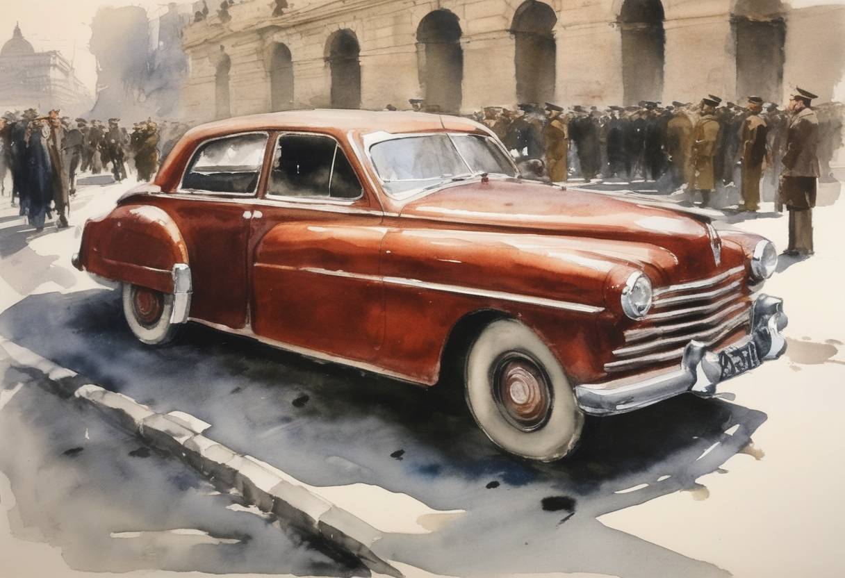 Watercolor painting based depiction of Palmiro Togliatti, the leader of the Italian Communist Party, was shot and wounded in an assassination attempt in front of the Parliament buildings in Rome, leading to widespread strikes and unrest throughout Italy. (1948)