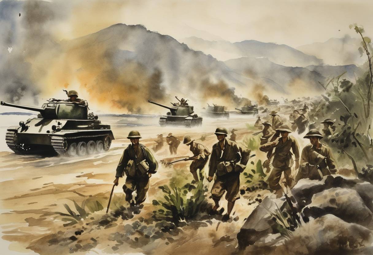 Watercolor painting based depiction of During World War II, Japanese forces began their assault on the Bataan Peninsula in the Philippines, leading to the eventual Bataan Death March. (1942)