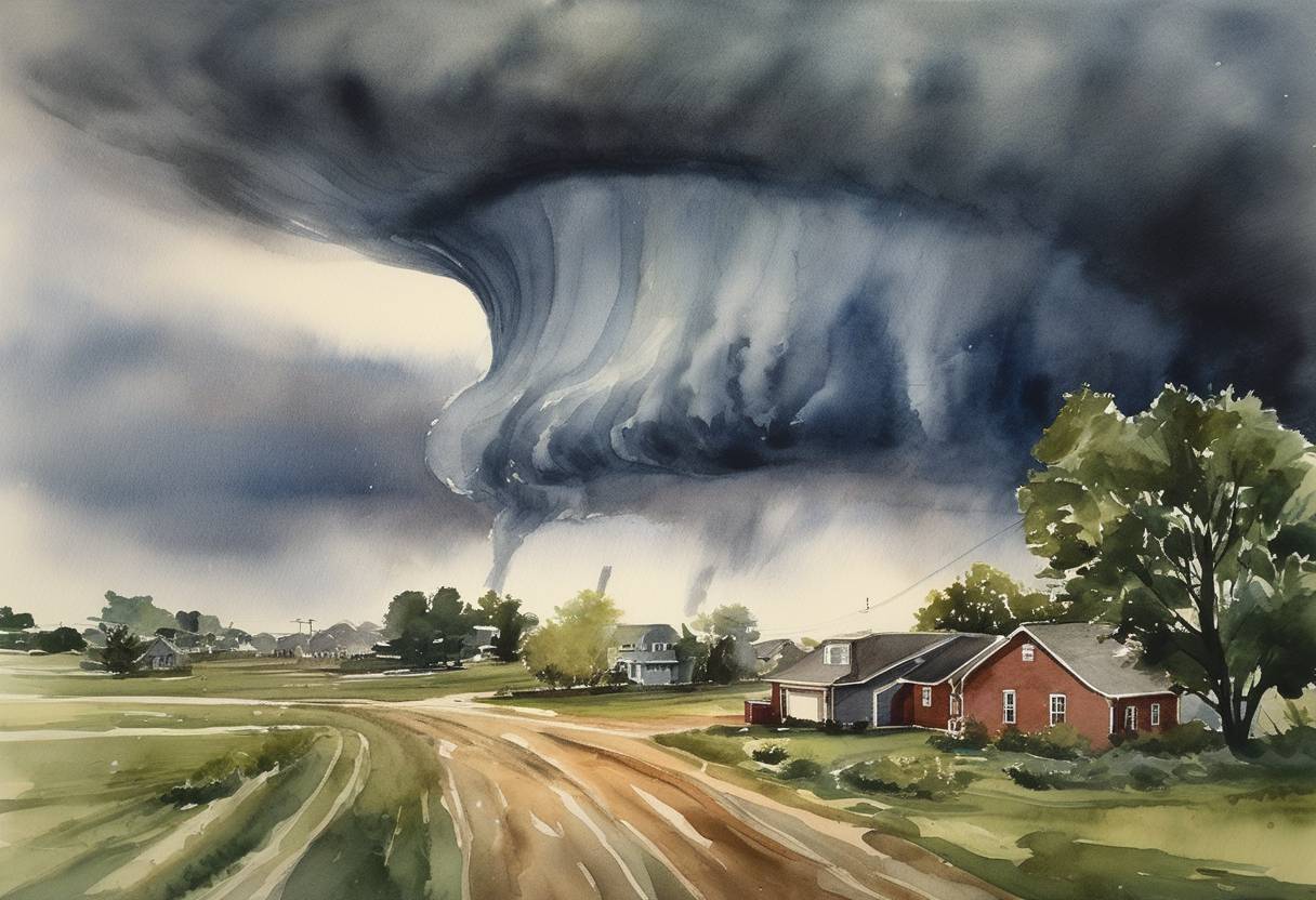 Watercolor painting based depiction of The Super Outbreak, the second largest tornado outbreak on record, occurred in the United States and Canada, with a total of 148 tornadoes confirmed over an 18-hour period. (1974)