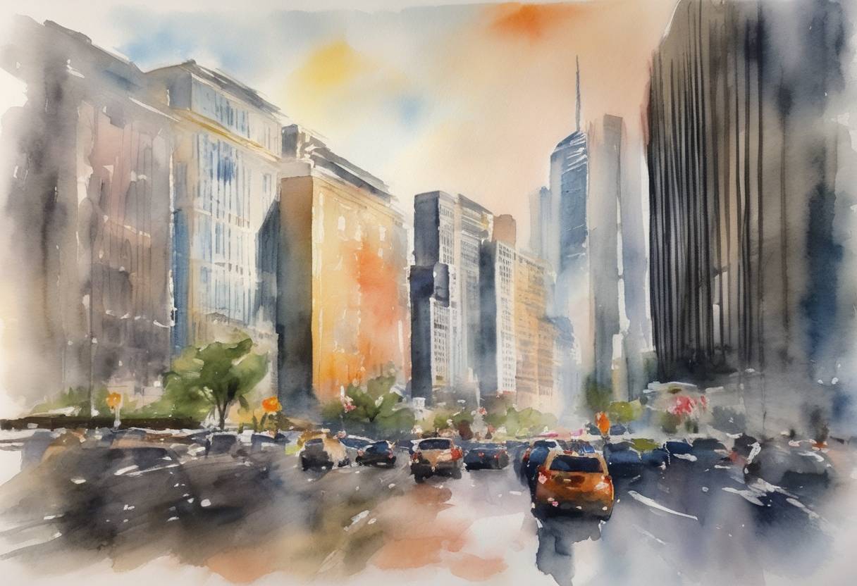 Watercolor painting based depiction of The United Nations General Assembly voted overwhelmingly to condemn Russia's invasion of Ukraine, a significant diplomatic event amid the ongoing conflict. (2022)