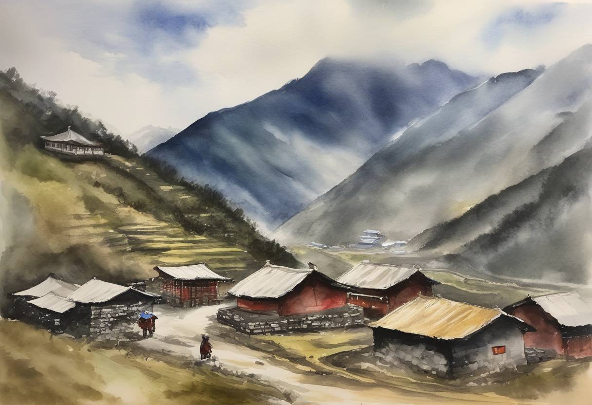 Watercolor painting based depiction of China and India resolved their Doklam standoff peacefully through diplomatic means, de-escalating a two-month military confrontation at the tri-junction of India, Bhutan, and China's borders. (2017)
