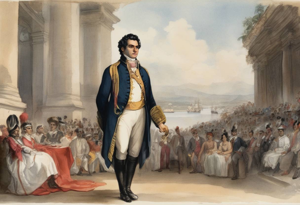 Watercolor painting based depiction of Simón Bolívar issues his 'Cartagena Manifesto', laying out his vision for Venezuelan independence from Spanish rule. (1811)