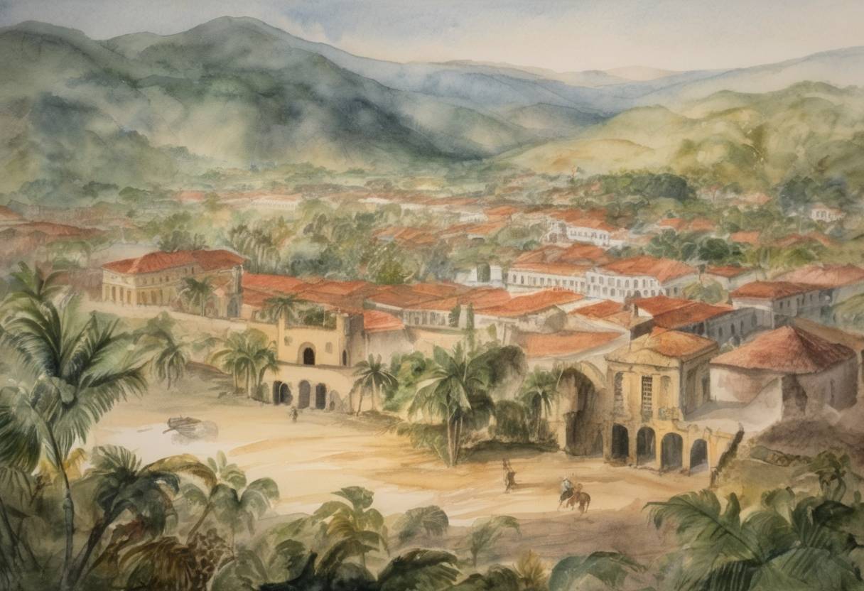 Watercolor painting based depiction of The first constitution of the Dominican Republic is enacted, marking its governance and legal framework after gaining independence from Haiti earlier that year. (1844)