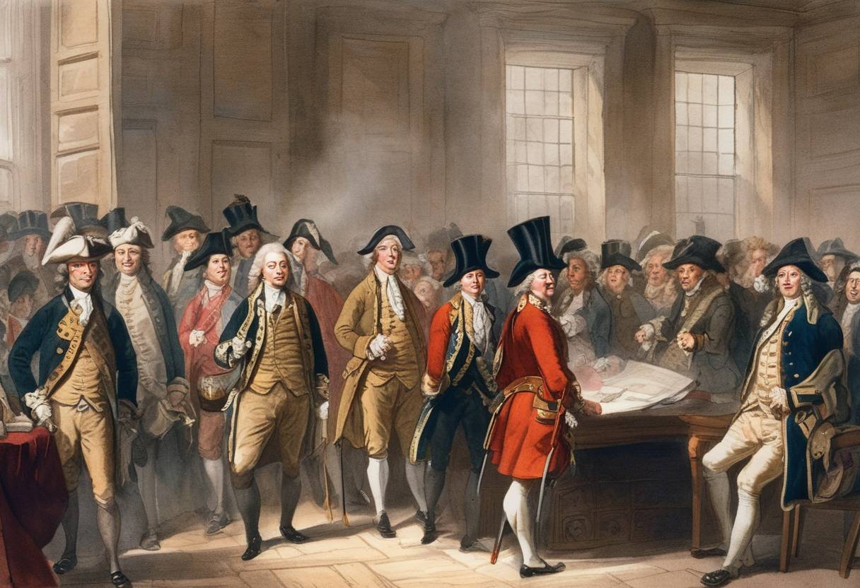 Watercolor painting based depiction of The Stamp Act was repealed by the British Parliament, ending an important early protest in the colonies. (1766)