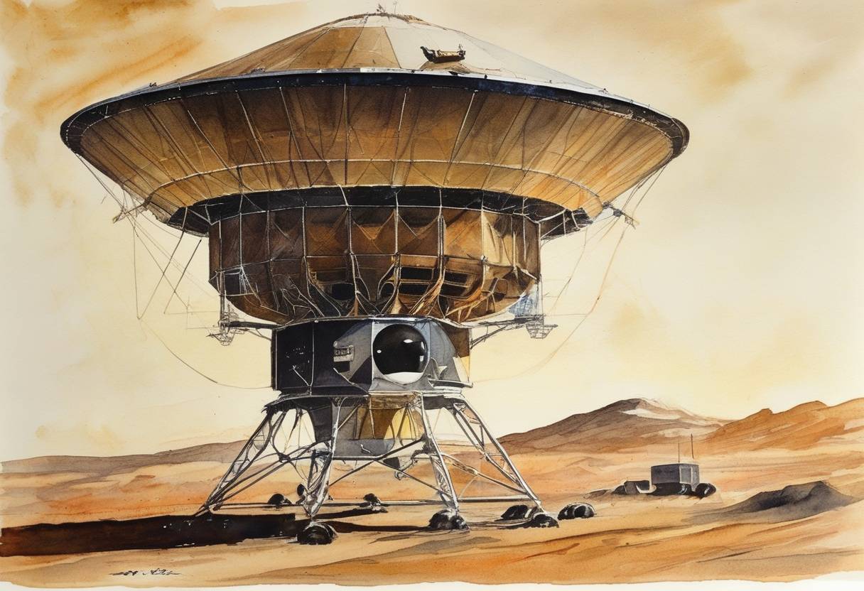 Watercolor painting based depiction of The Mariner 4 spacecraft, launched by NASA, successfully flew by Mars, sending back the first images of another planet taken from deep space. (1965)