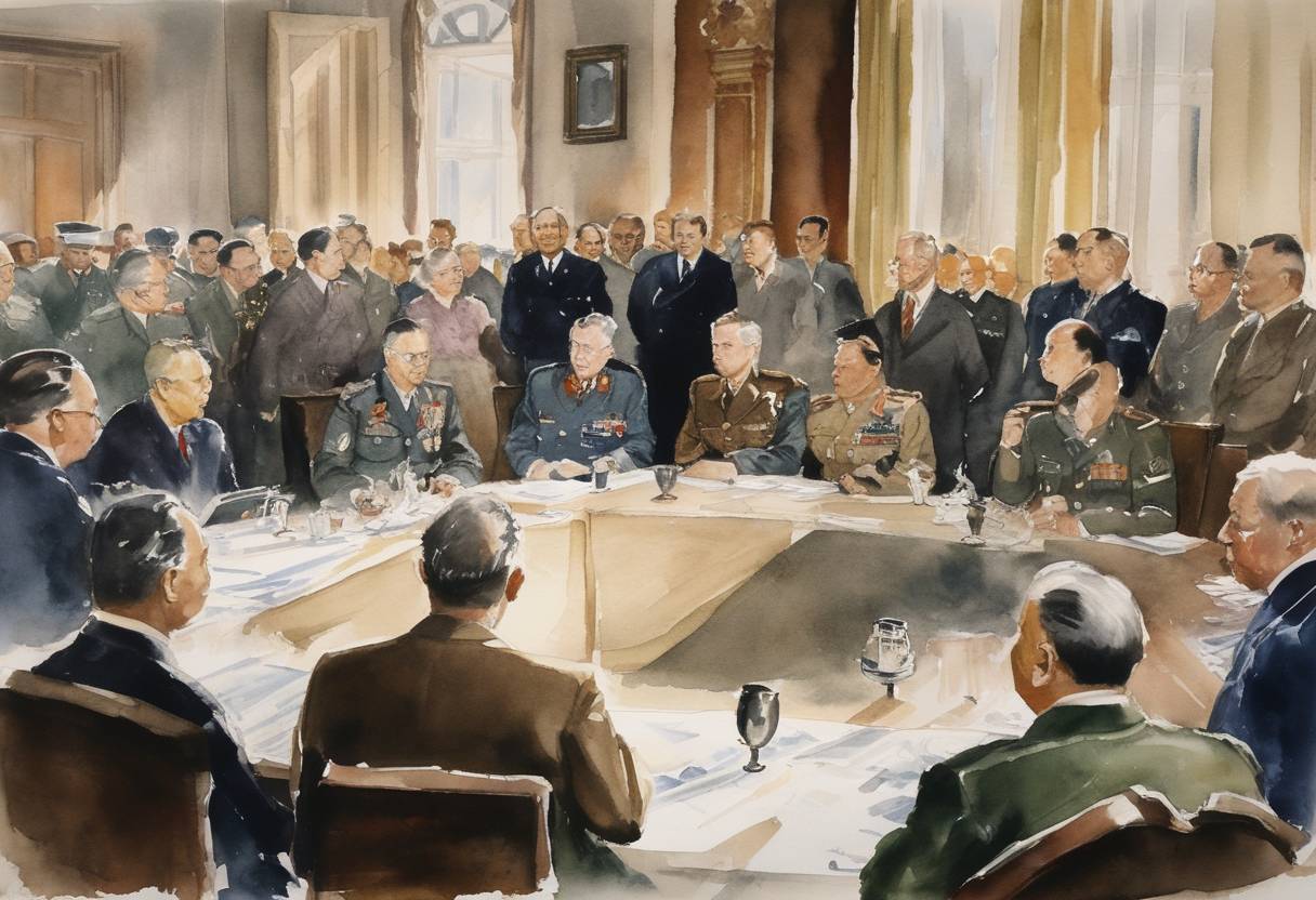 Watercolor painting based depiction of The Potsdam Conference begins, involving leaders of the Allied nations to discuss the post-war order in Europe. (1945)