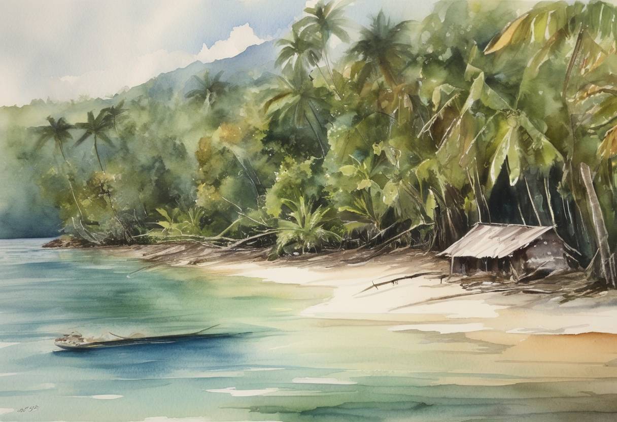 Watercolor painting based depiction of A magnitude 8.0 earthquake struck the Solomon Islands, triggering a tsunami and causing fatalities and destruction in the region. (2013)