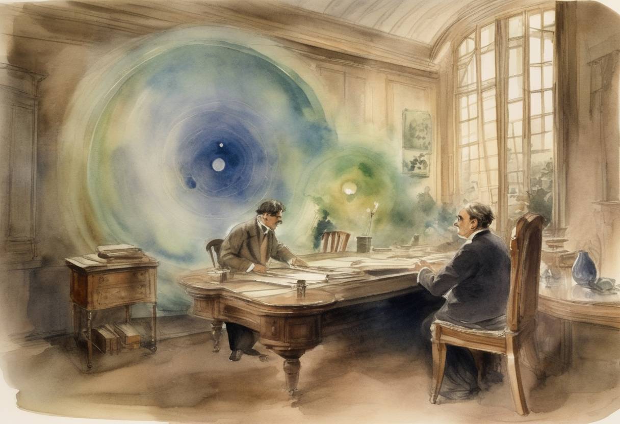 Watercolor painting based depiction of Albert Einstein submitted his paper 'On the Electrodynamics of Moving Bodies' to the Annalen der Physik, introducing the theory of special relativity. (1905)