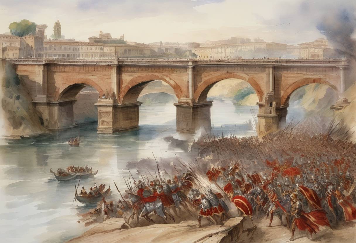 Watercolor painting based depiction of The Battle of the Milvian Bridge took place near Rome, where the Roman Emperor Constantine I defeated Maxentius, solidifying Constantine's control over the Western Roman Empire. This battle is notable for Constantine's reported conversion to Christianity, as he claimed to have a vision that led him to adopt the Christian chi-rho symbol for his army. (312)