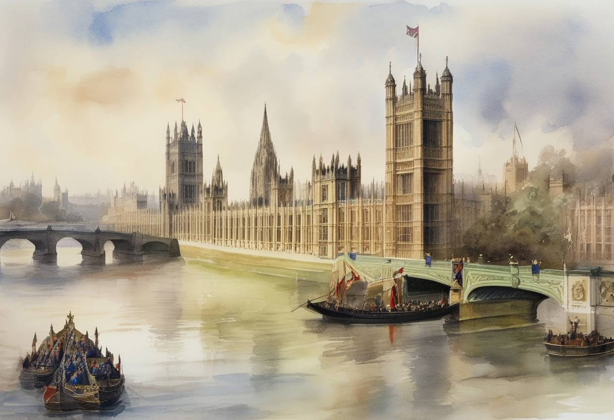 Watercolor painting based depiction of The English parliament first convened in Westminster during the reign of Edward III, marking a formalization in how Edward consulted his subjects on important matters, setting the stage for future parliamentary developments in England. (1344)