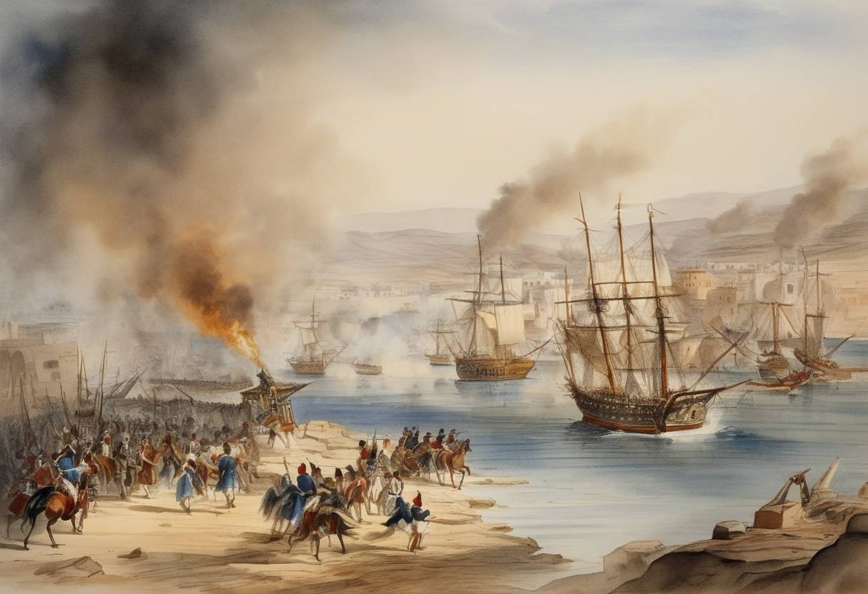 Watercolor painting based depiction of The United States Marines and Berbers attacked the Tripolitan city of Derna during the First Barbary War, marking the first recorded land battle of the United States military on foreign soil. (1805)