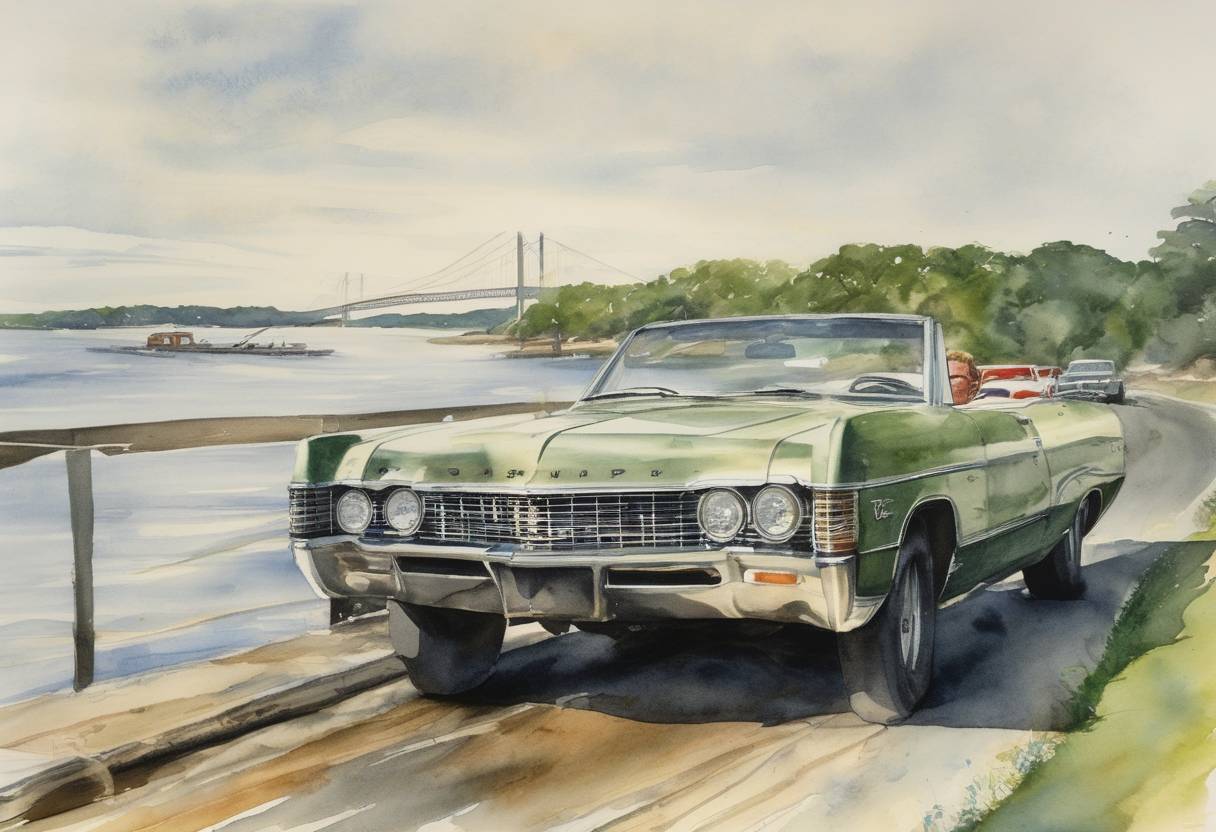 Watercolor painting based depiction of Senator Edward 'Ted' Kennedy drives his car off a bridge on Chappaquiddick Island in Massachusetts, resulting in the death of his passenger, Mary Jo Kopechne. (1969)