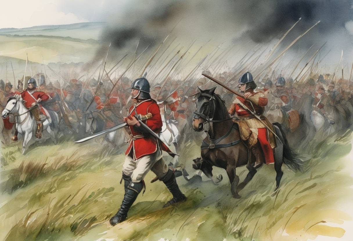 Watercolor painting based depiction of The Battle of Otterburn was fought between the Kingdoms of Scotland and England. This was one of the border skirmishes associated with the Wars of Scottish Independence. The Scottish army, led by James, Earl of Douglas, secured a victory against the English forces. (1388)