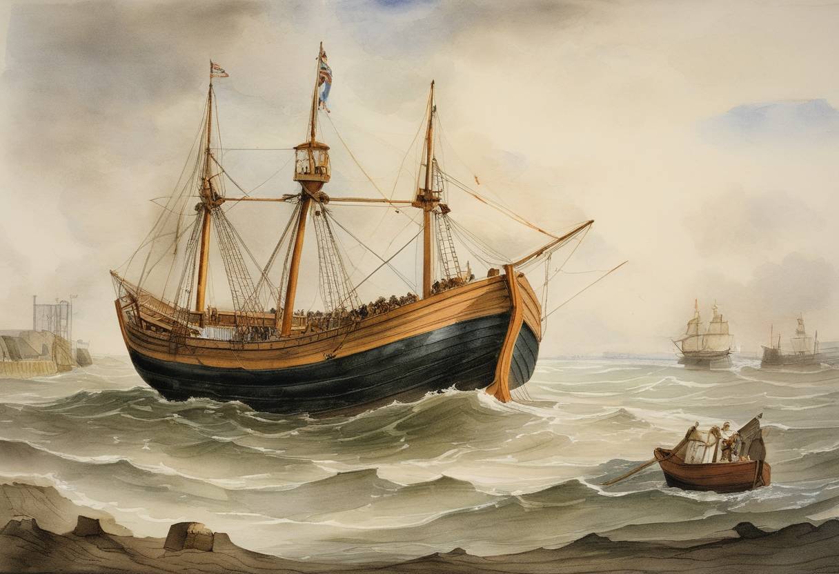 Watercolor painting based depiction of The first purpose-built lifeboat, called the 'Original', was launched at South Shields, England, designed by William Wouldhave and Henry Greathead, indicating the early developments in maritime safety. (1790)