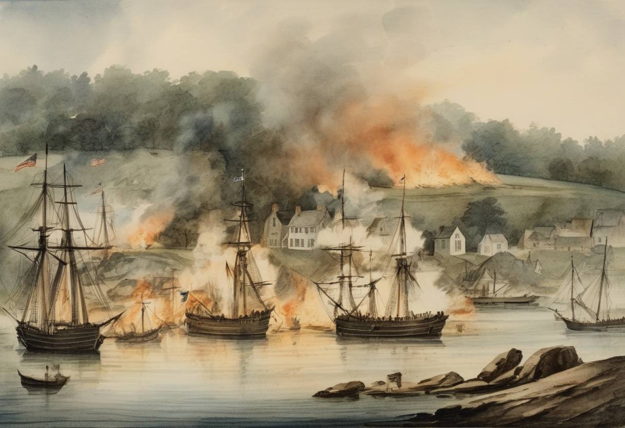 Watercolor painting based depiction of During the American Revolutionary War, in the Battle of Stonington, a British naval squadron burned and captured houses in the town of Stonington, Connecticut. (1775)