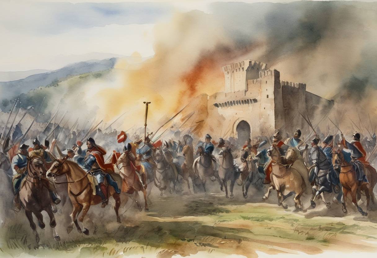 Watercolor painting based depiction of During the Battle of Montecatini, the forces of the Republic of Pisa secured a victory over the Republic of Florence. This conflict was part of the broader power struggles between the Italian city-states. (1315)
