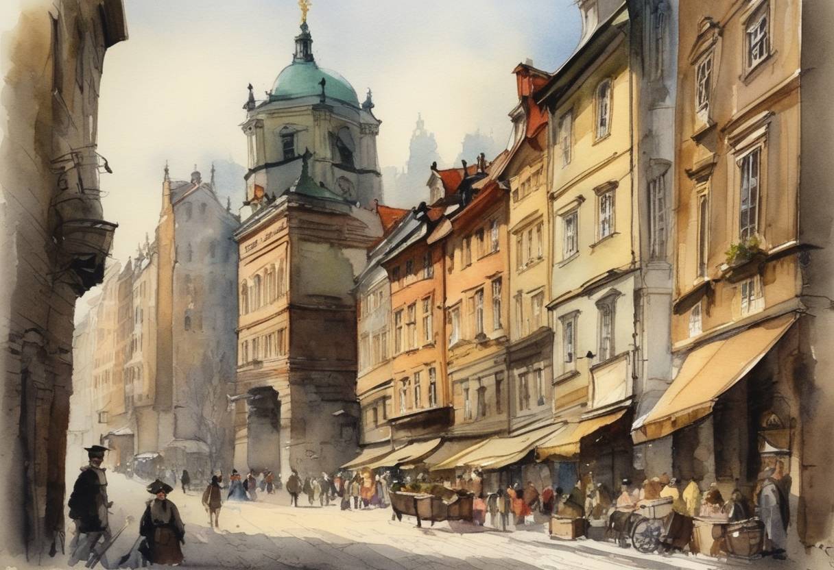 Watercolor painting based depiction of Warsaw, a major city in Poland, was first documented in history. (1326)