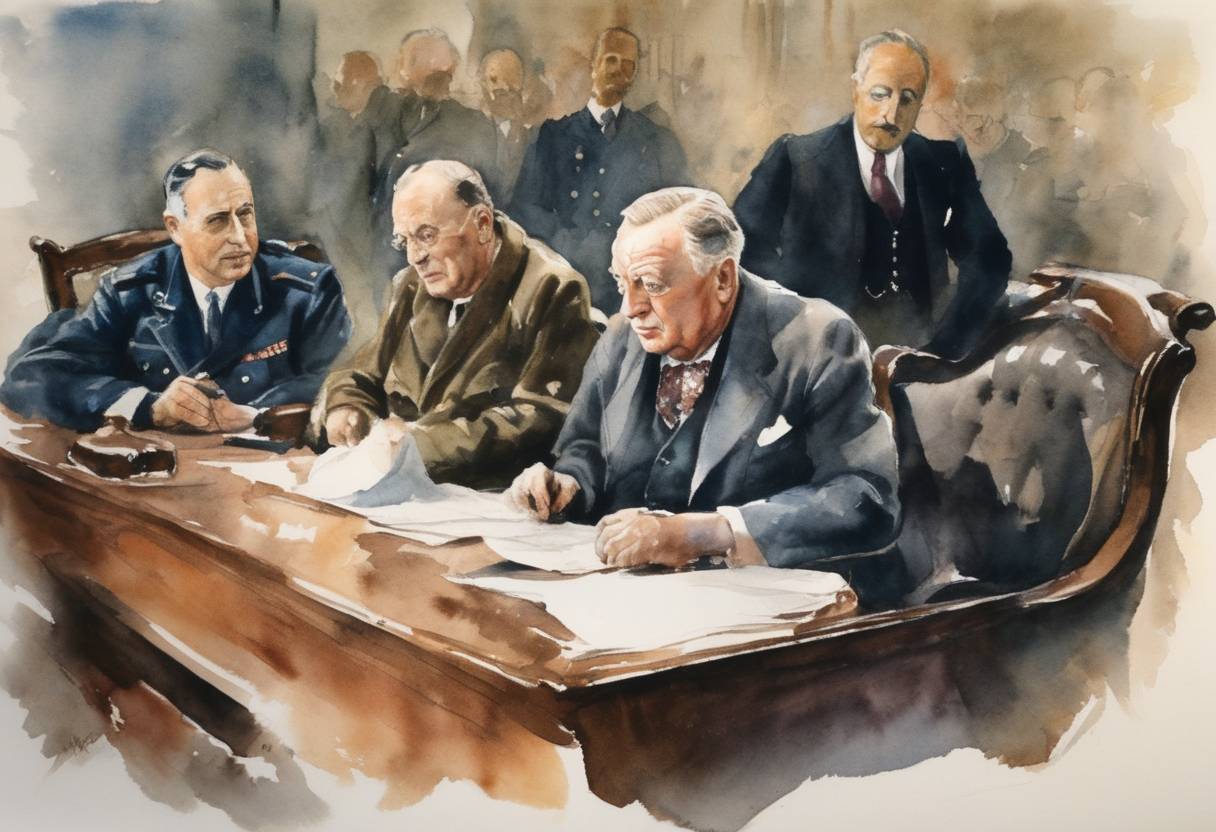 Watercolor painting based depiction of The Yalta Conference begins in Crimea, bringing together leaders Franklin D. Roosevelt, Winston Churchill, and Joseph Stalin to discuss the reorganization of post-World War II Europe. (1945)