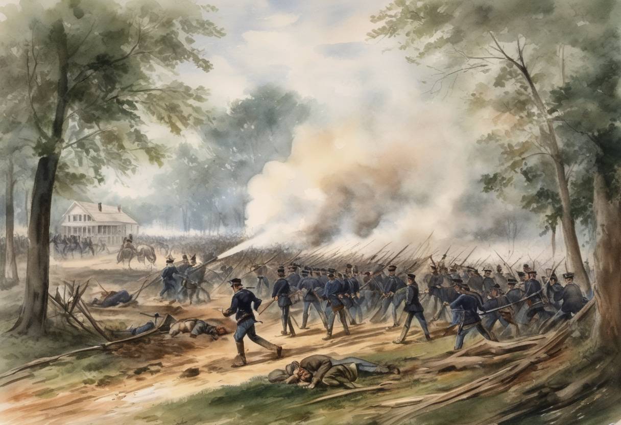 Watercolor painting based depiction of The Battle of Spotsylvania Court House, one of the American Civil War battles, ended. (1864)