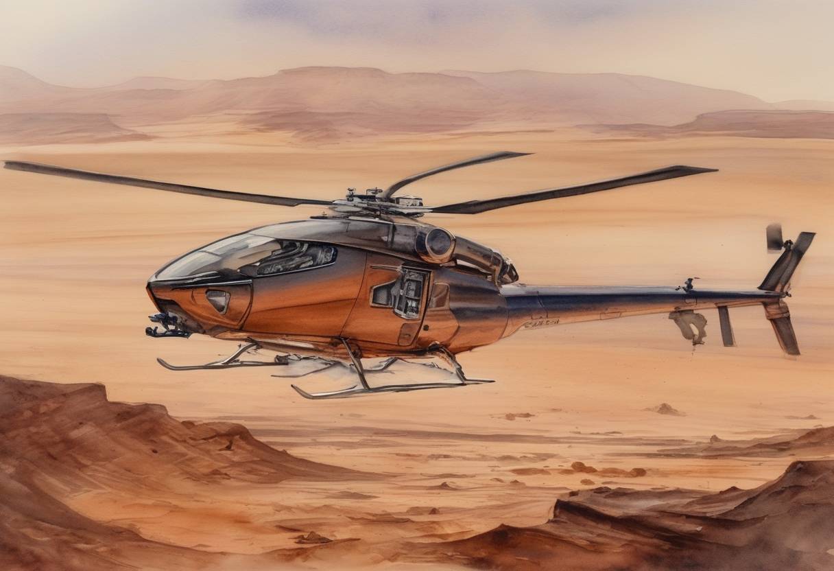 Watercolor painting based depiction of NASA's Ingenuity helicopter conducted its third flight on Mars, flying faster and further than on its previous attempts. (2021)