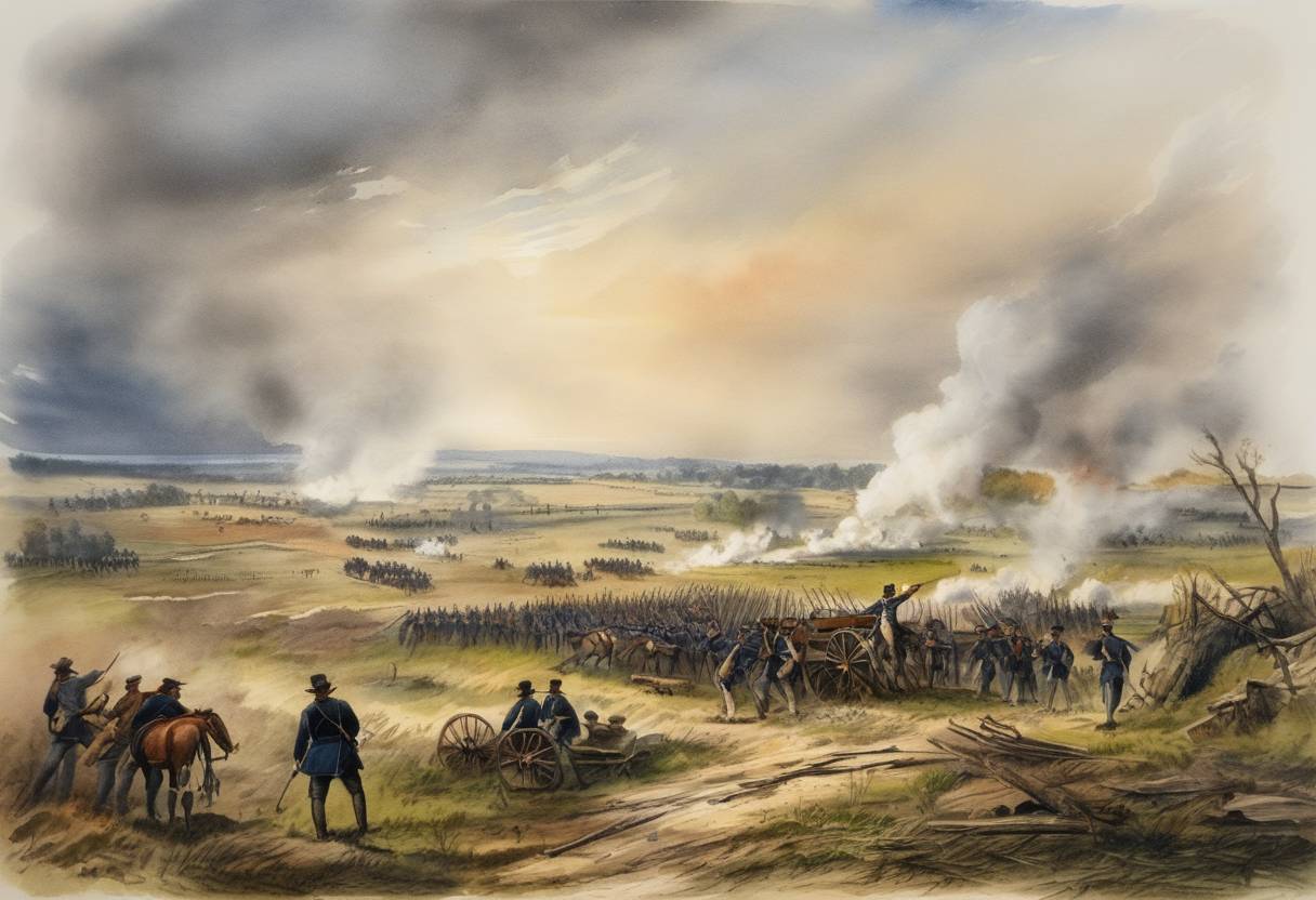 Watercolor painting based depiction of The Battle of Moorefield during the American Civil War took place, resulting in a victory for Union forces. (1864)