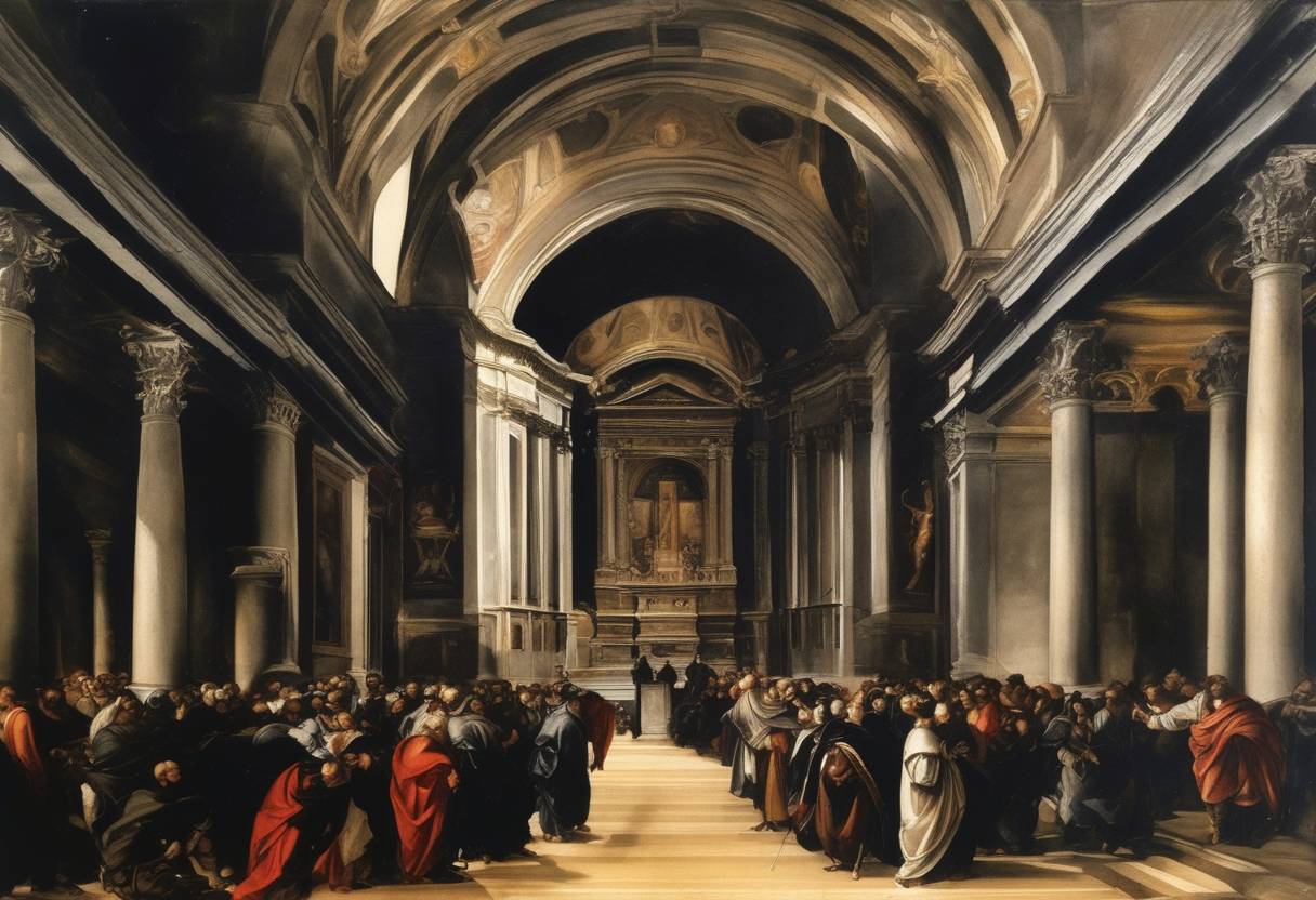 Watercolor painting based depiction of Caravaggio was contracted to paint a series of important religious works, beginning with the 'Contarelli Chapel' in the Church of San Luigi dei Francesi in Rome. (1599)