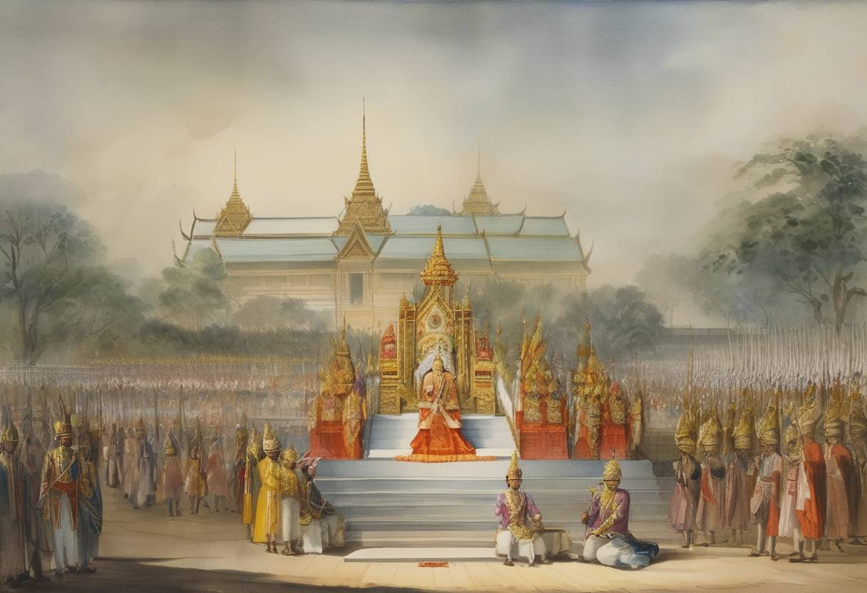 Watercolor painting based depiction of Rama I is crowned King of Siam (Thailand), establishing the Chakri Dynasty, which continues to reign to this day. (1782)