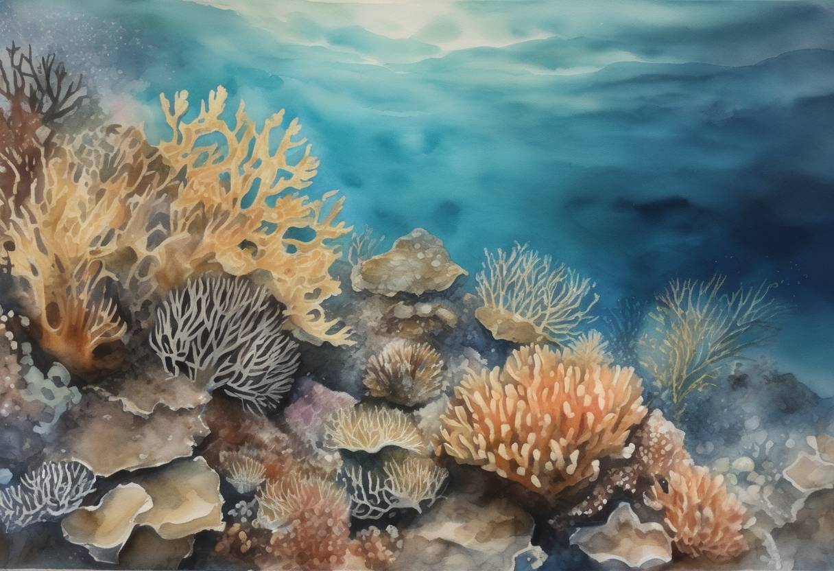 Watercolor painting based depiction of Research published in the journal Science revealed significant global coral bleaching due to rising ocean temperatures during the third major global coral reef bleaching event. (2016)