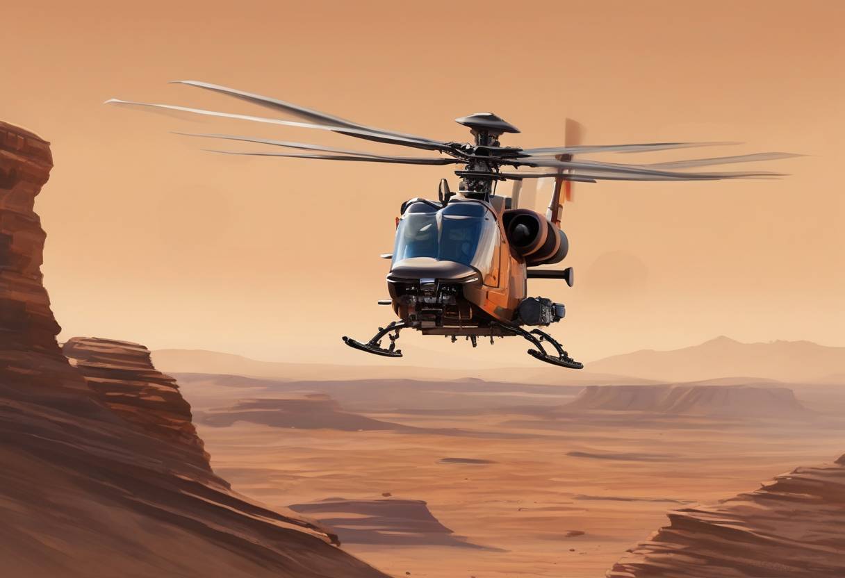 Watercolor painting based depiction of NASA's Ingenuity Mars Helicopter successfully completed its fourth flight, reaching new heights and a higher distance than its previous flights. (2021)