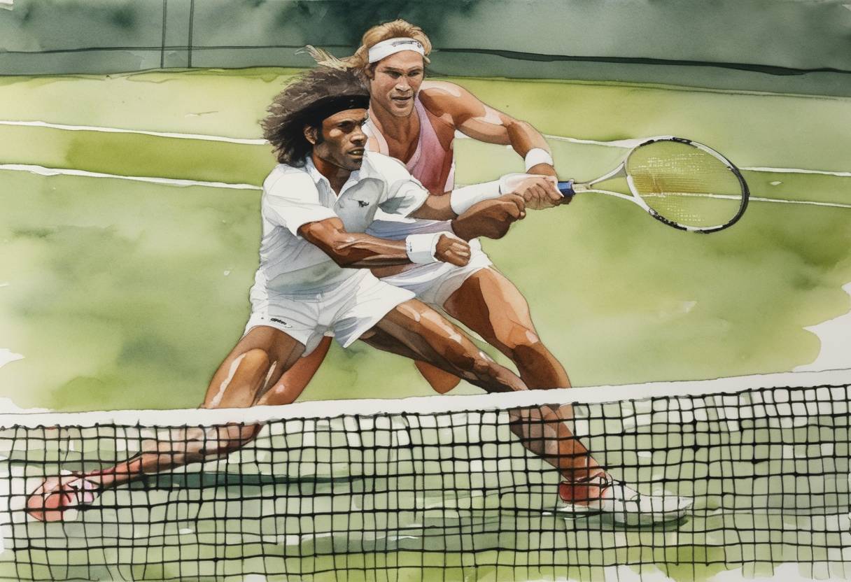 Watercolor painting based depiction of Yannick Noah defeated defending champion Bjorn Borg in the quarterfinals of the WCT Tournament of Champions in Forest Hills, New York, marking one of the early major victories in Noah's career. (1981)