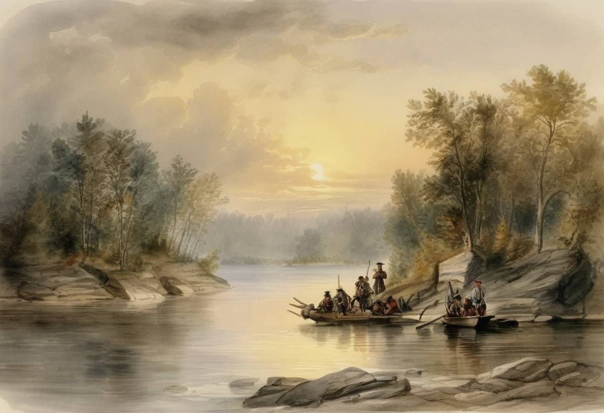 Watercolor painting based depiction of French explorers Jacques Marquette and Louis Jolliet reach the confluence of the Mississippi River and the Wisconsin River and become the first Europeans to discover the upper Mississippi. (1673)