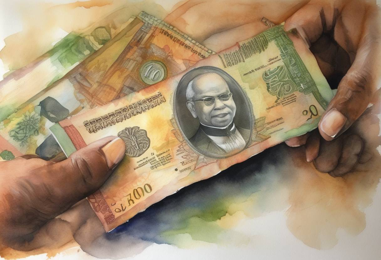 Watercolor painting based depiction of The Currency Act was passed by the Parliament of Sri Lanka, establishing the use of the Sri Lankan rupee. (2009)