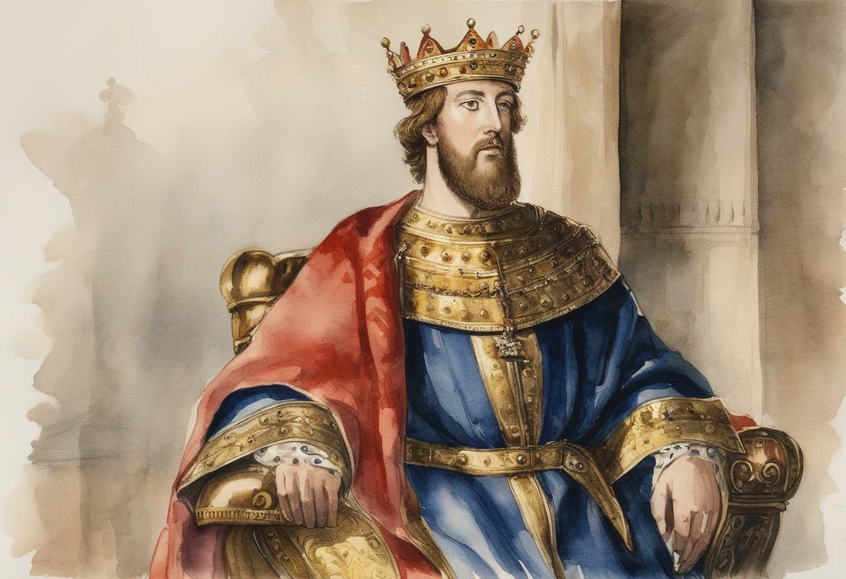 Watercolor painting based depiction of Henry I was crowned King of England. He was the fourth son of William the Conqueror and ascended the throne after his elder brother William II died. Henry's reign was marked by administrative reforms and his issuing of the Charter of Liberties, which is considered a precursor to the Magna Carta. (1100)