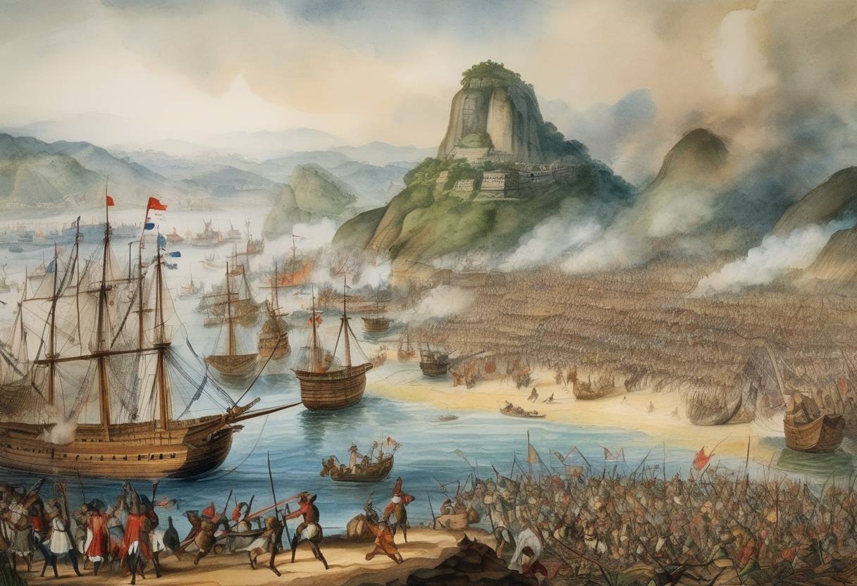 Watercolor painting based depiction of The Battle of Rio de Janeiro takes place during the French-Portuguese conflict over the Guanabara Bay area. (1567)