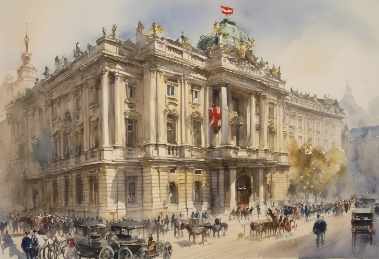 Watercolor painting based depiction of The Vienna Treaty was signed, which provided for the formation of an independent and neutral Austria. This treaty led to the withdrawal of all occupation forces from Austria. (1955)