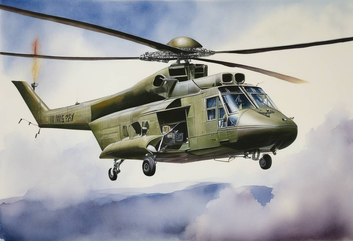 Watercolor painting based depiction of The first successful test flight of a prototype for the Sikorsky S-61R Super King helicopter was conducted, showcasing advancements in aviation technology. (1964)